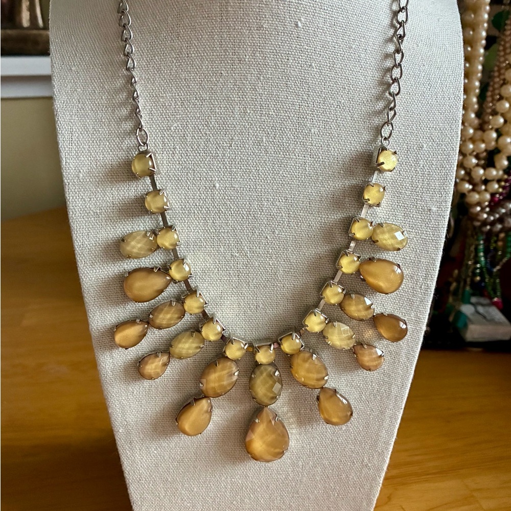 Yellow Glass Cabochon Statement Necklace in a Silver-tone setting.